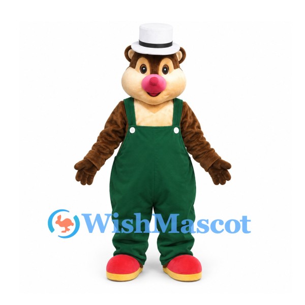 Bear Mascot Costume with White Hat and Green Overalls