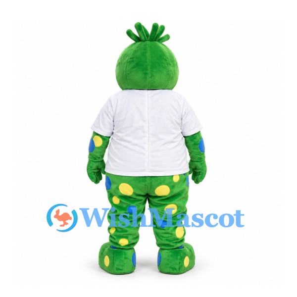 Monster Mascot Costume in Green with White Shirt and Yellow Spots