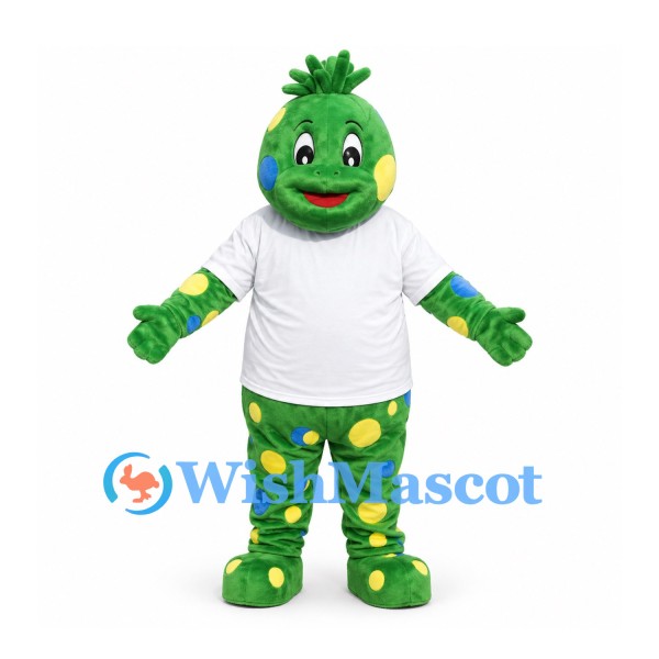 Monster Mascot Costume in Green with White Shirt and Yellow Spots