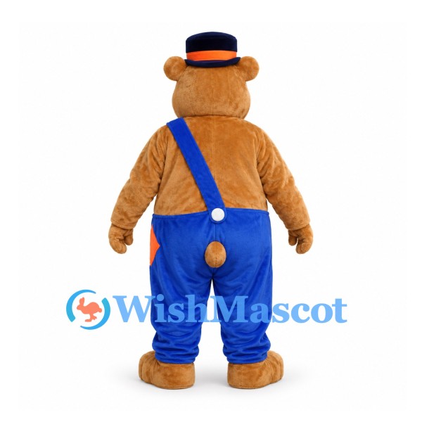 Bear Mascot Costume with Blue Overalls and Black Top Hat