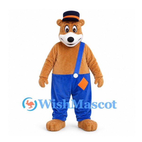 Bear Mascot Costume with Blue Overalls and Black Top Hat