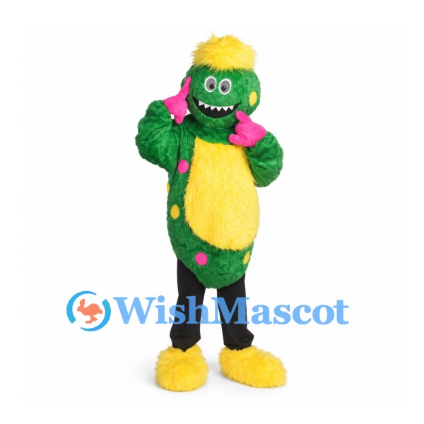 Monster Mascot Costume in Green with Yellow Hair and Colorful Spots