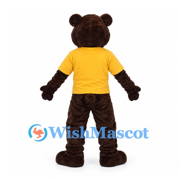 Bear Mascot Costume in Dark Brown with Yellow Shirt