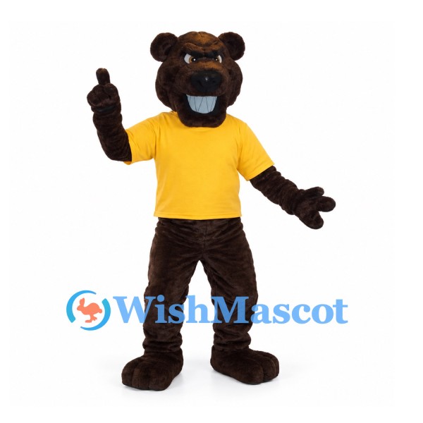 Bear Mascot Costume in Dark Brown with Yellow Shirt