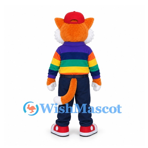 Cat Mascot Costume with Rainbow Striped Sweater and Orange Cap