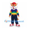 Cat Mascot Costume with Rainbow Striped Sweater and Orange Cap