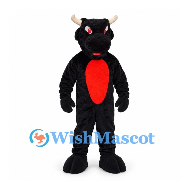 Bull Mascot Costume in Black with Red Belly and White Horns