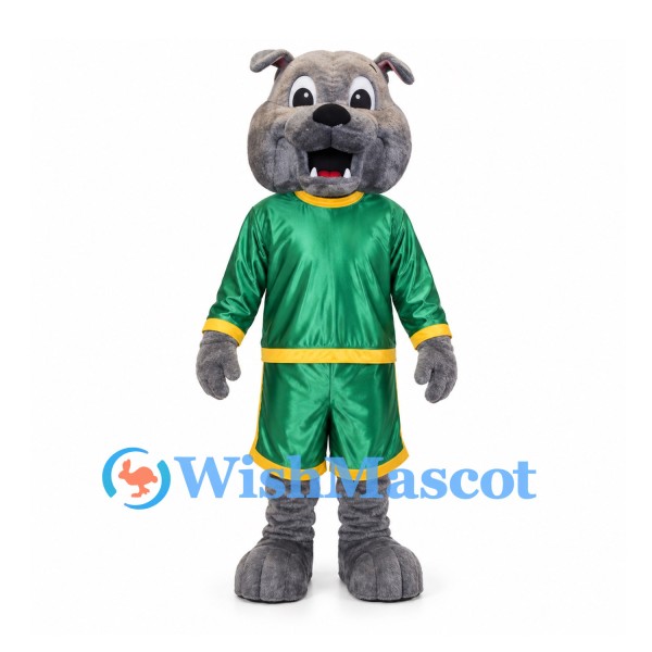 Bulldog Mascot Costume with Green Sports Shirt and Shorts