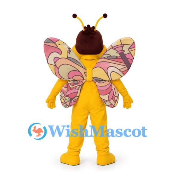 Butterfly Mascot Costume in Yellow with Patterned Pink Wings