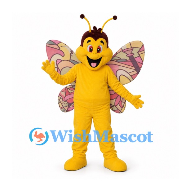 Butterfly Mascot Costume in Yellow with Patterned Pink Wings