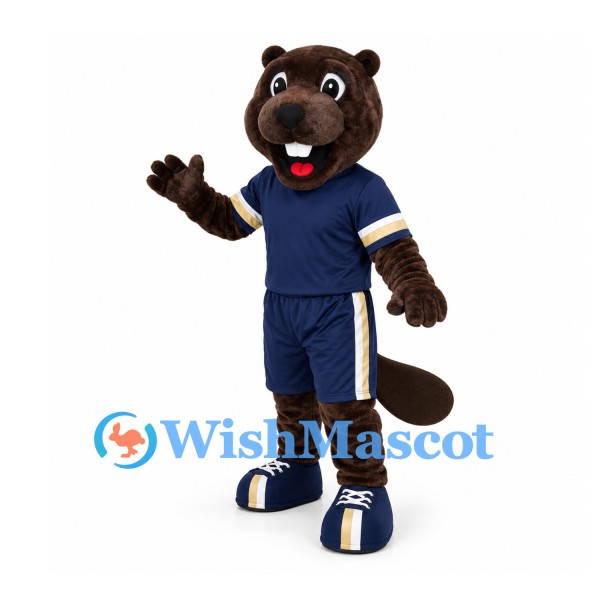 Beaver Mascot Costume with Navy Sports Shirt and Shorts