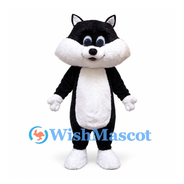 Cat Mascot Costume in Black and White with Rounded Cheeks