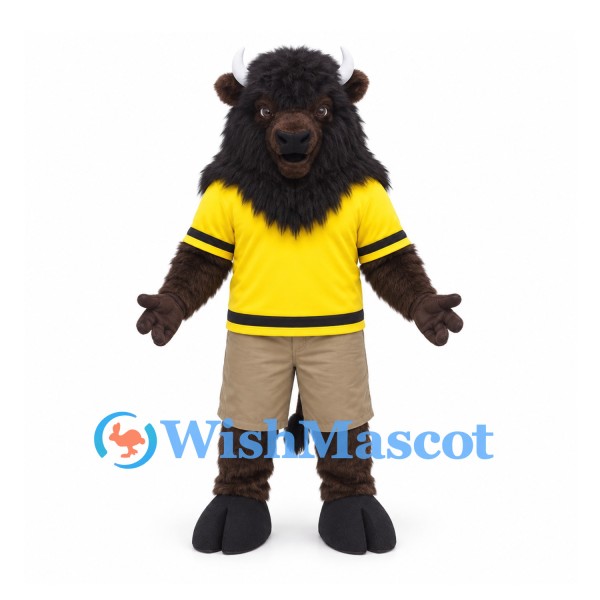Buffalo Mascot Costume with Yellow Shirt and Tan Shorts