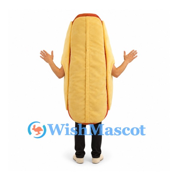 Hot Dog Mascot Costume with Mustard Detail and Smiling Face