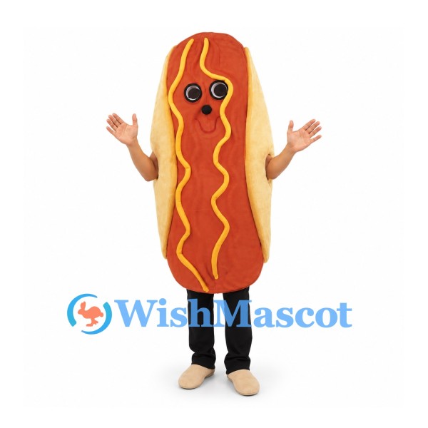 Hot Dog Mascot Costume with Mustard Detail and Smiling Face