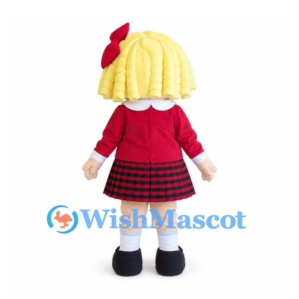 Girl Mascot Costume with Blond Hair and Red Plaid Skirt