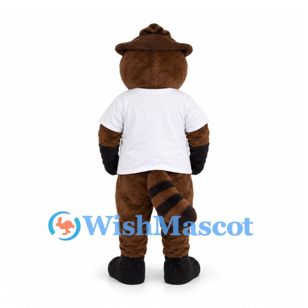 Raccoon Mascot Costume with White Maple Leaf Shirt and Brown Hat