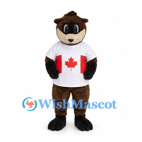 Raccoon Mascot Costume with White Maple Leaf Shirt and Brown Hat