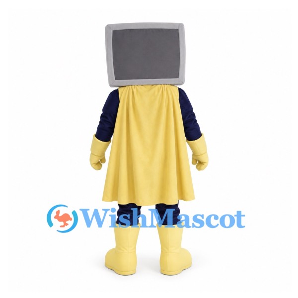 Television Mascot Costume with Purple Screen Face and Yellow Cape