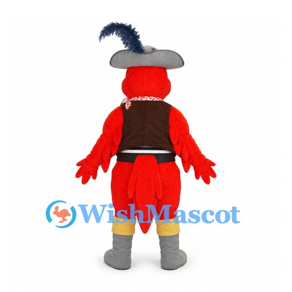 Parrot Mascot Costume in Red with Pirate Hat and Striped Vest