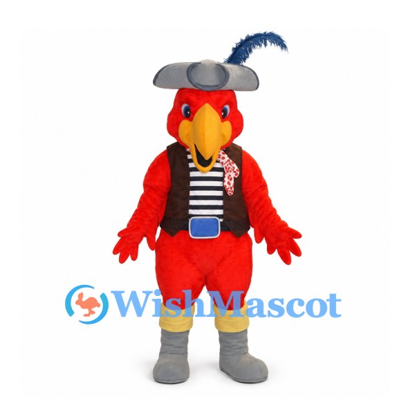 Parrot Mascot Costume in Red with Pirate Hat and Striped Vest