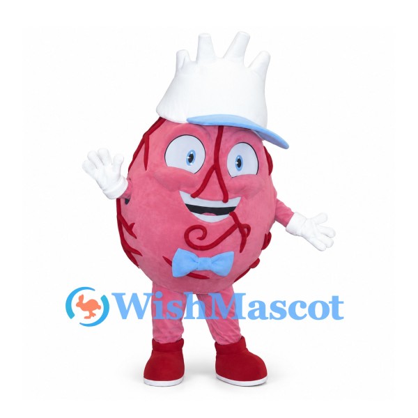 Brain Mascot Costume in Pink with White Cap and Blue Bow Tie