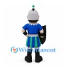 Knight Mascot Costume with Blue Tunic and Silver Helmet