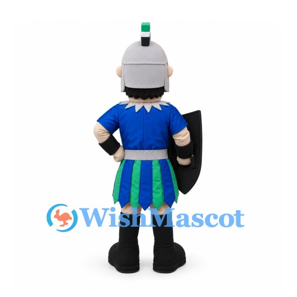 Knight Mascot Costume with Blue Tunic and Silver Helmet