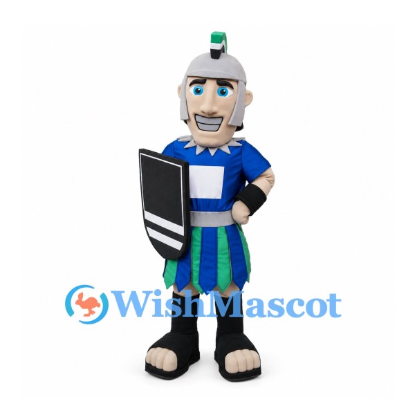 Knight Mascot Costume with Blue Tunic and Silver Helmet