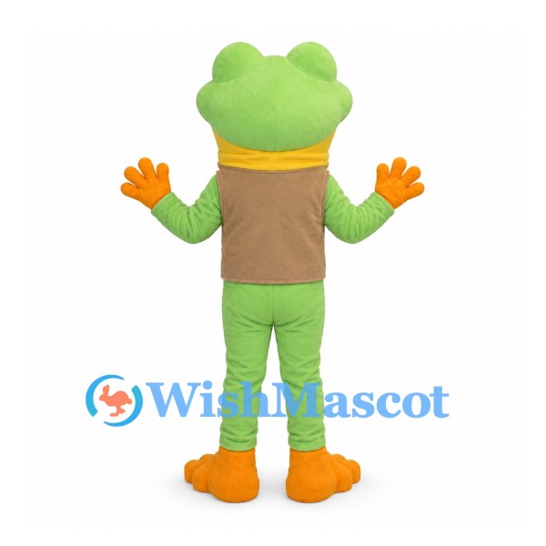 Frog Mascot Costume in Green with Brown Vest and Orange Feet