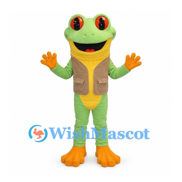 Frog Mascot Costume in Green with Brown Vest and Orange Feet
