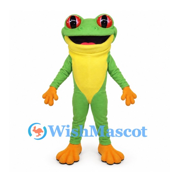 Frog Mascot Costume in Green with Yellow Belly and Orange Feet