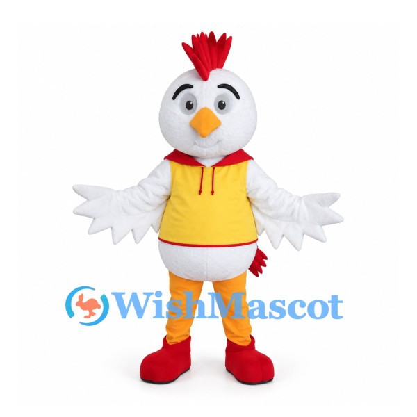 Chicken Mascot Costume with Yellow Vest and Red Comb