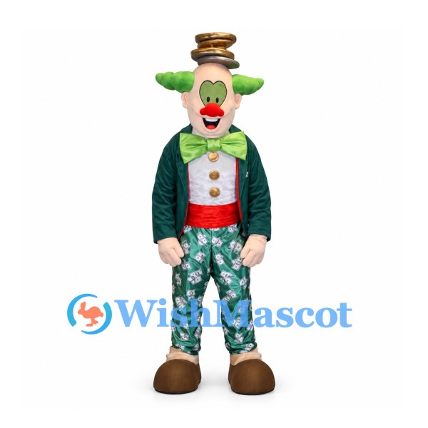 Clown Mascot Costume with Green Hair and Patterned Pants