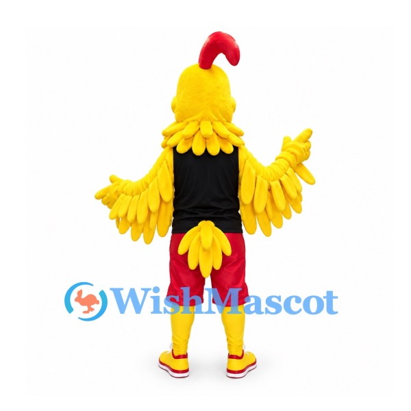 Rooster Mascot Costume in Yellow with Black Shirt and Red Shorts