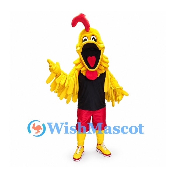 Rooster Mascot Costume in Yellow with Black Shirt and Red Shorts