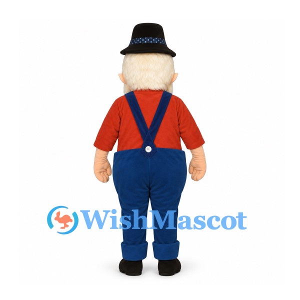 Man Mascot Costume with White Beard and Blue Overalls