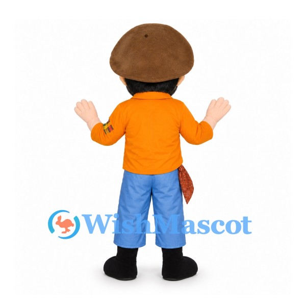Man Mascot Costume with Brown Hair and Orange Shirt