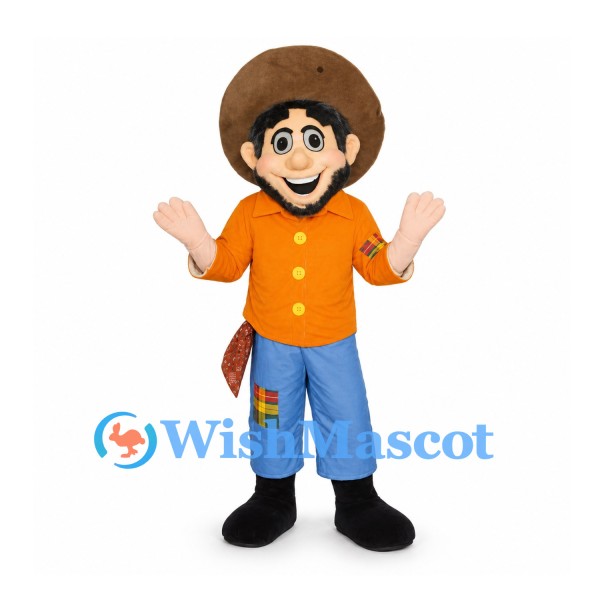 Man Mascot Costume with Brown Hair and Orange Shirt