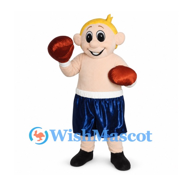 Boxer Mascot Costume with Brown Gloves and Blue Shorts