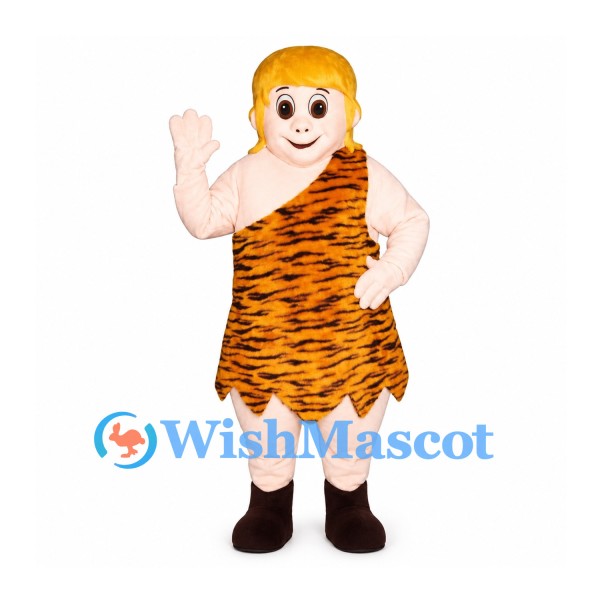 Caveman Mascot Costume with Orange Tiger Stripe Tunic