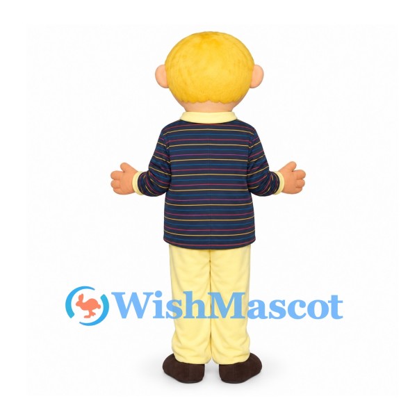 Boy Mascot Costume with Blond Hair and Multicolored Striped Shirt