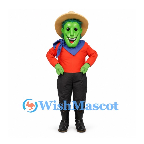 Goblin Mascot Costume with Green Face and Cowboy Hat