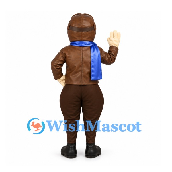 Pilot Mascot Costume with Brown Aviator Jacket and Blue Scarf