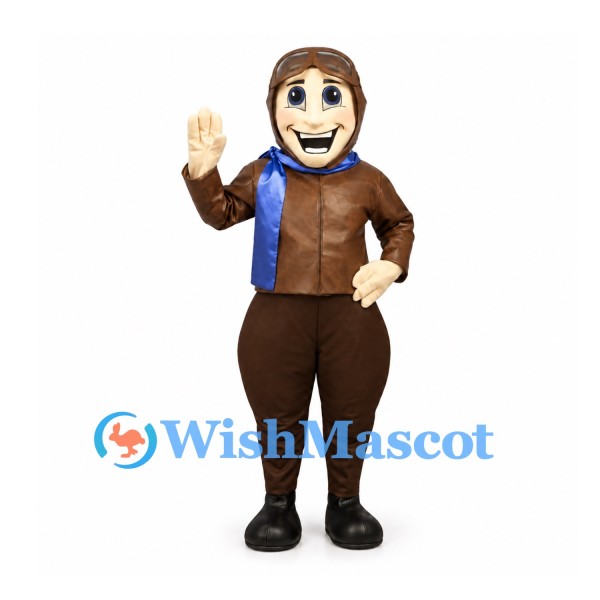 Pilot Mascot Costume with Brown Aviator Jacket and Blue Scarf