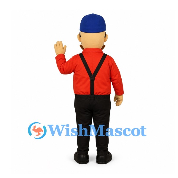 Man Mascot Costume with Red Shirt and Black Suspenders