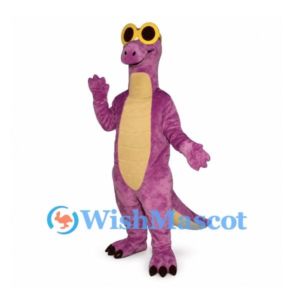 Dragon Mascot Costume in Purple with Yellow Sunglasses