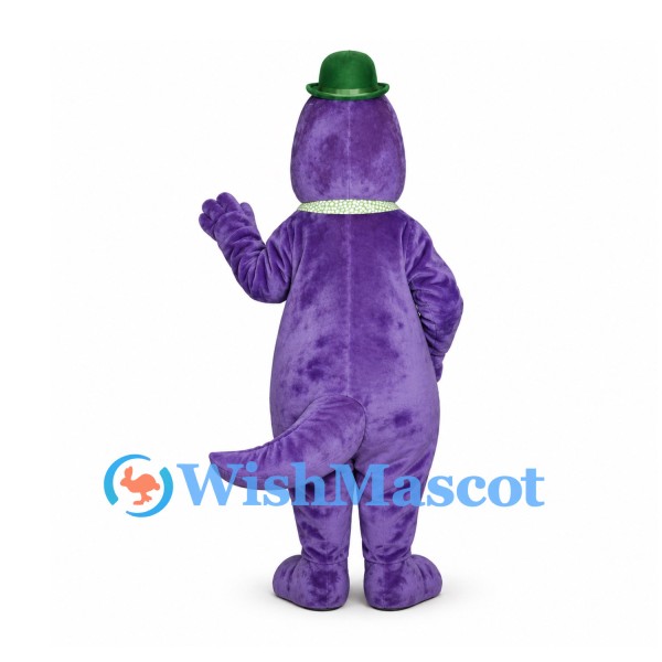 Dinosaur Mascot Costume in Purple with Green Hat and Necktie