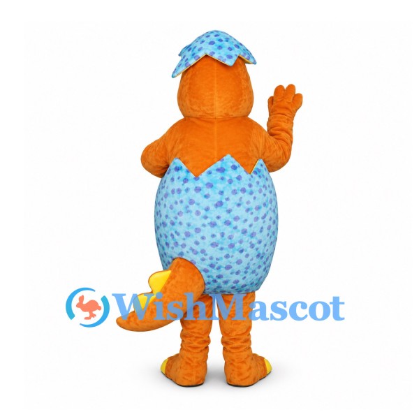 Dinosaur Mascot Costume in Orange with Blue Patterned Egg Shell