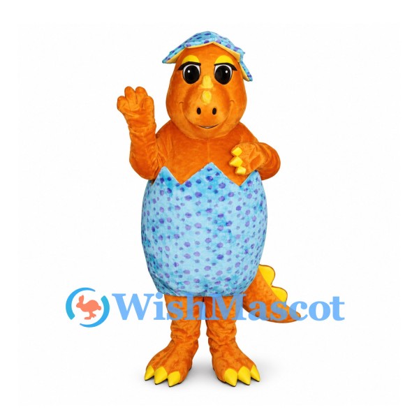 Dinosaur Mascot Costume in Orange with Blue Patterned Egg Shell